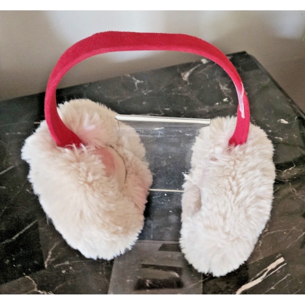 Faux Fur Foldable Ear Muffs /Ear Warmers in Beige with  Red Headband One Size